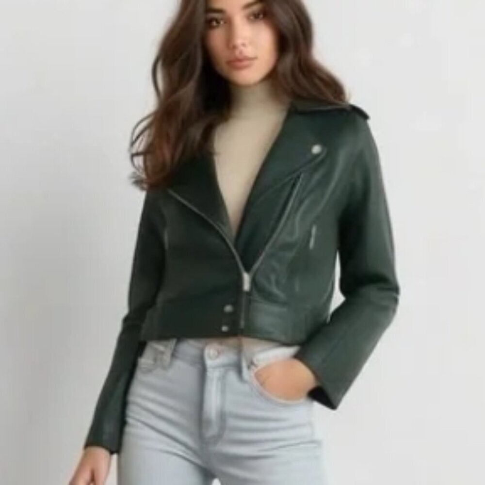 Blank NYC Revolve Hunter Green Faux Leather Long Sleeve Fall Moto Jacket NWOT